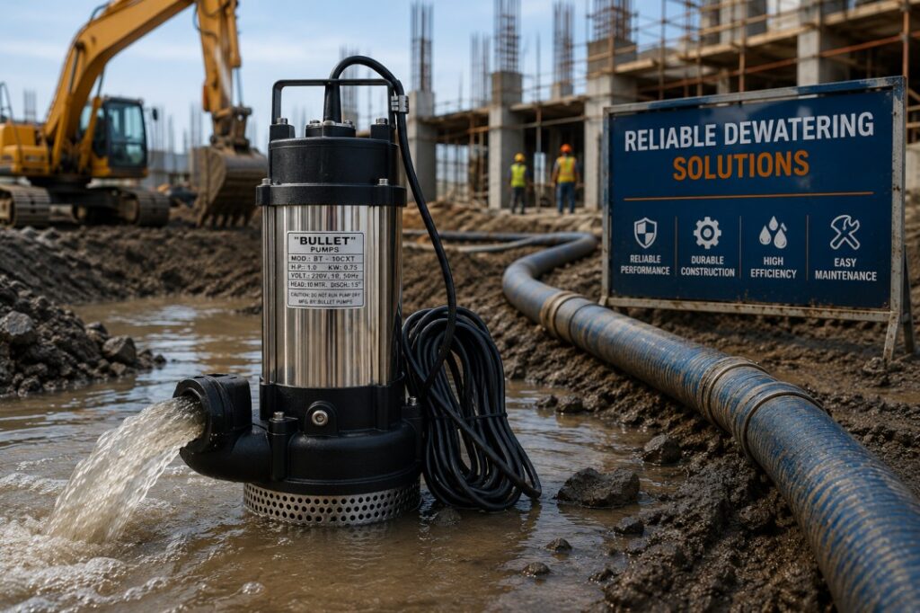 Heavy-duty dewatering and mud pumps operating at a construction site, highlighting safe, reliable pumping equipment and professional maintenance for excavation and infrastructure projects in Pune.