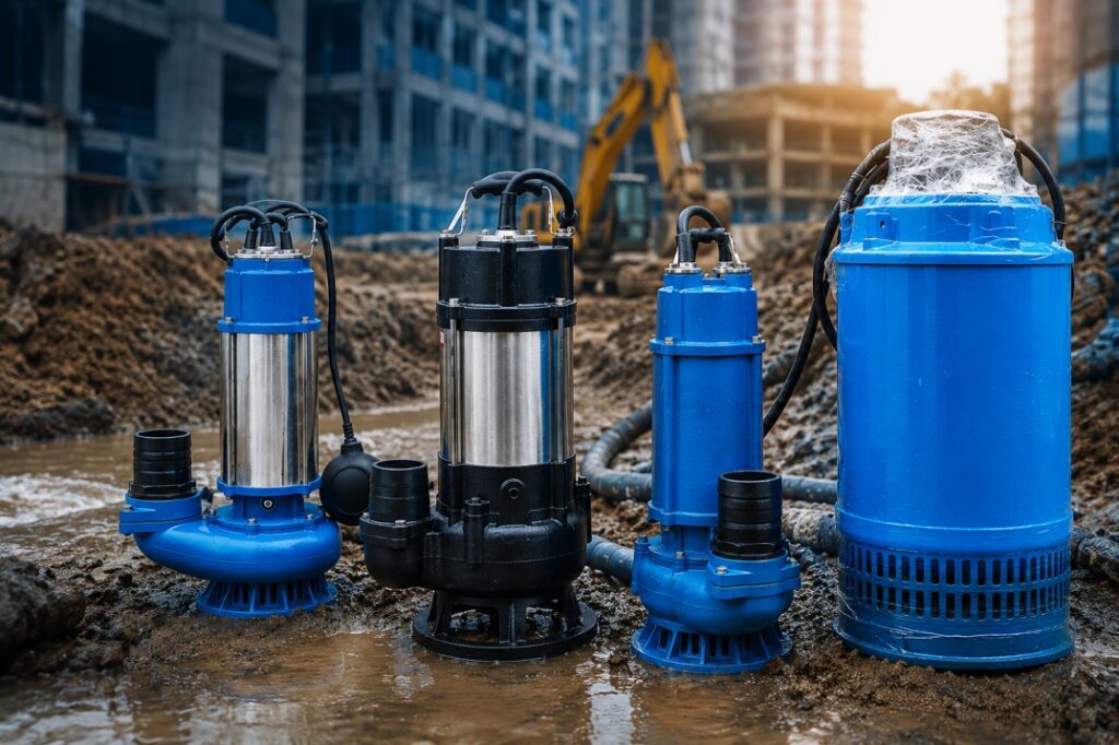 Industrial heavy-duty mud pumps used for dewatering and slurry handling at a construction site, showcasing pump rental and sales equipment.