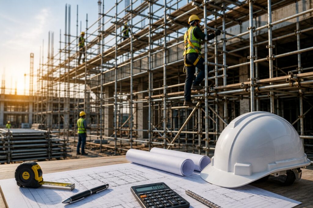 Cuplock scaffolding load calculations and safety standards on construction site in Pune